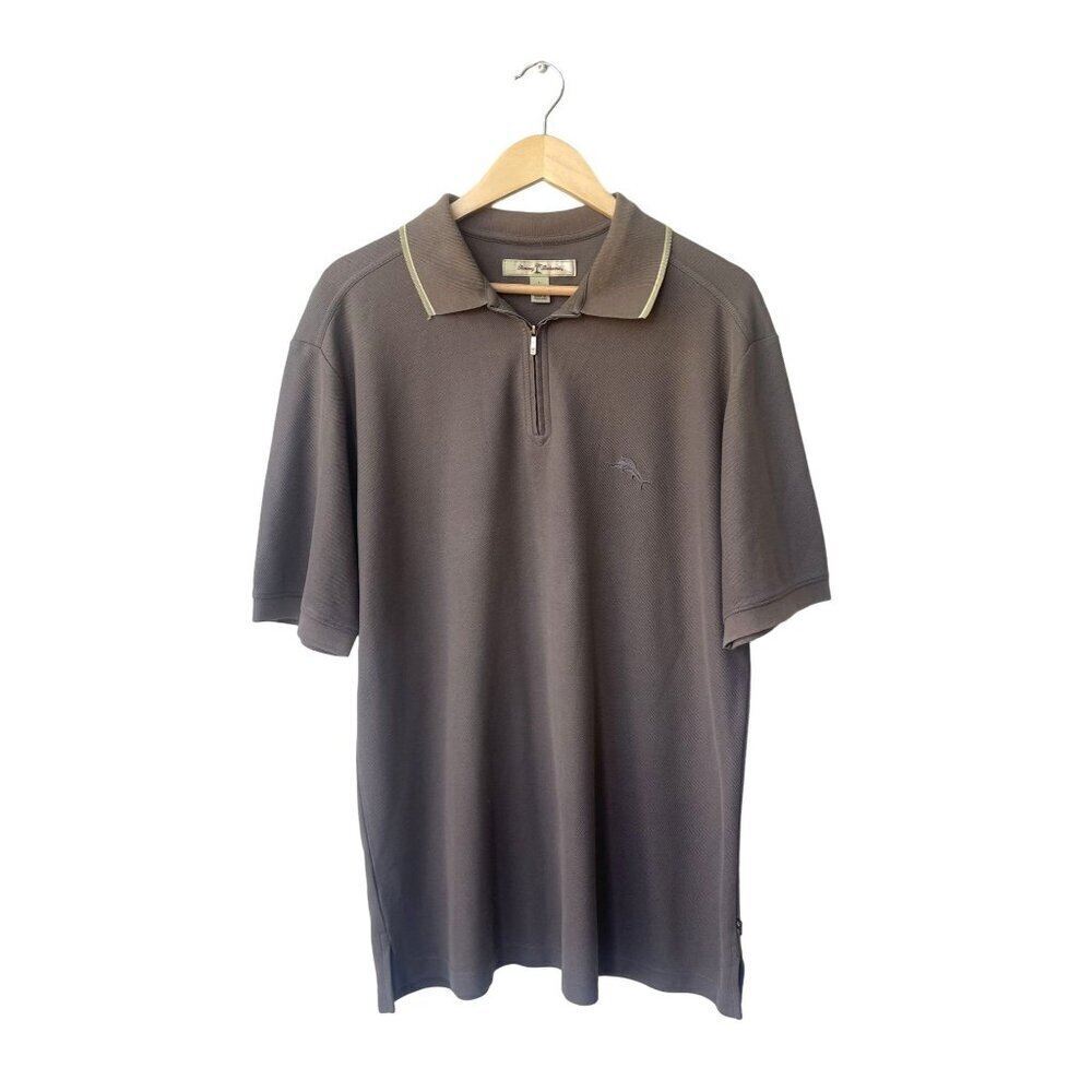 Tommy‎ Bahama Shirt Vintage Size L Short Sleeve Brown Pima Cotton Zip Polo Golf